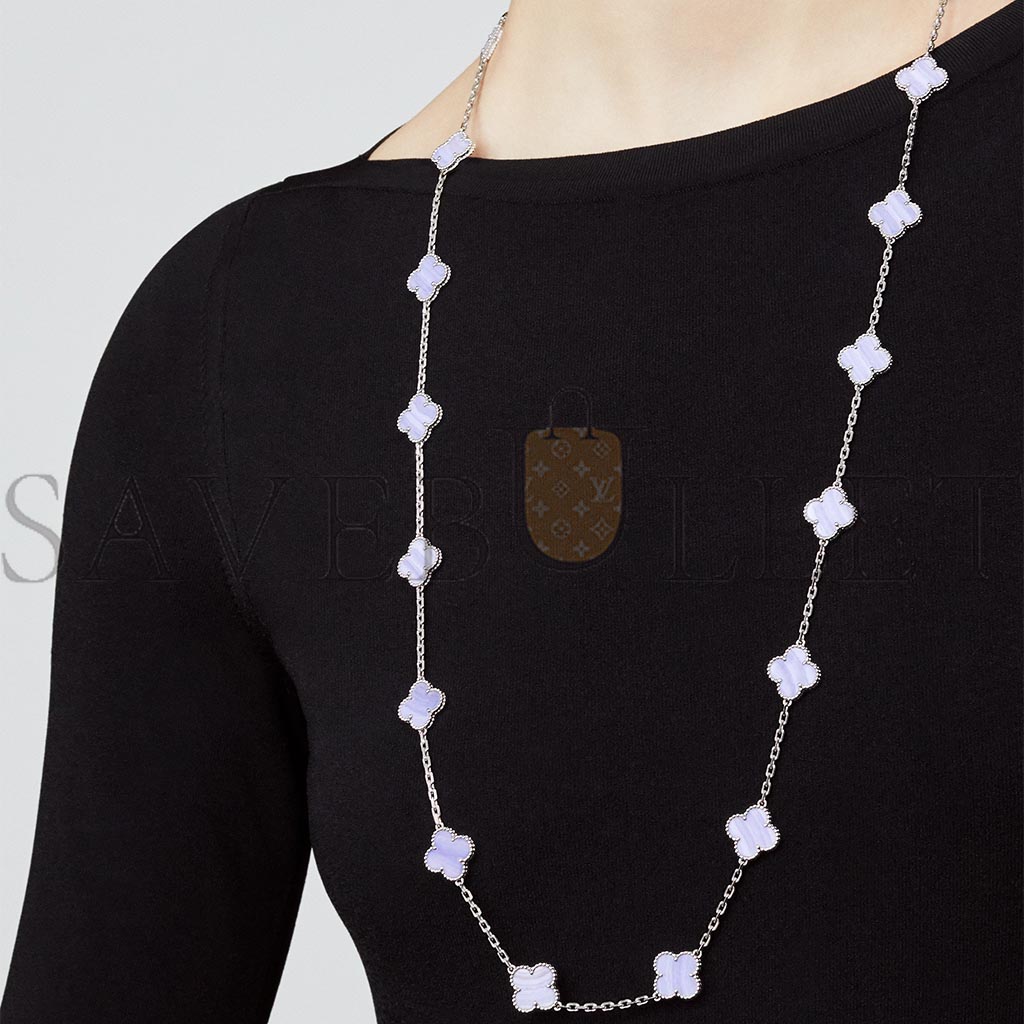 V*N CL*F arpels vintage alhambra long necklace, 20 motifs - white gold, chalcedony  vcard80900